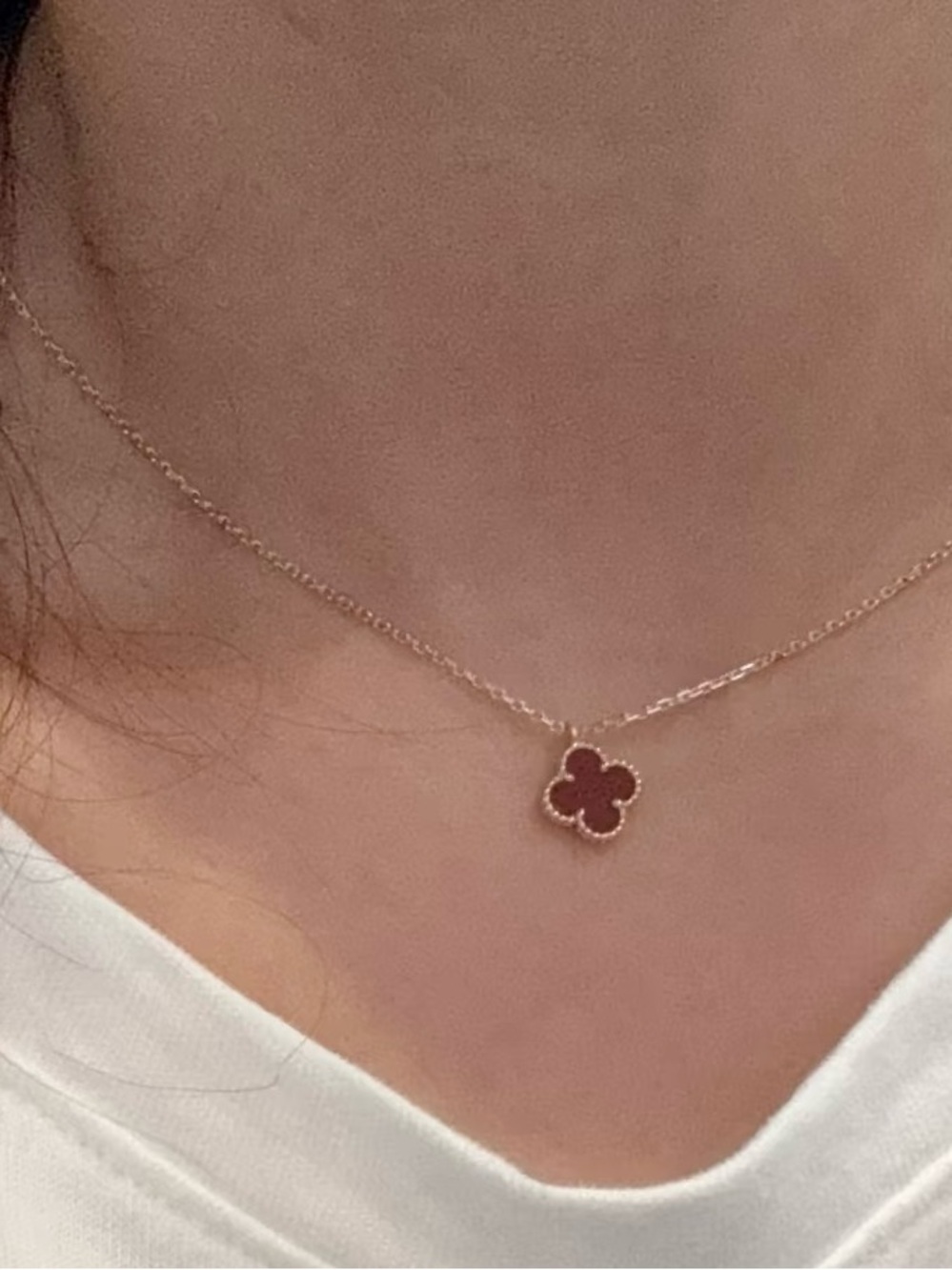 Gold Clover Pendant Necklace with Red Inlay - Women's Jewelry
